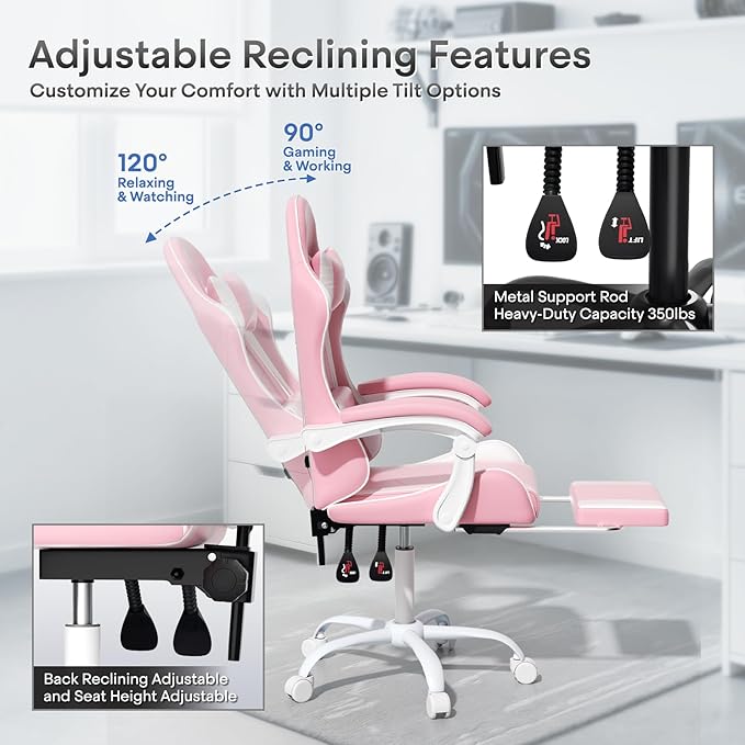 Athena Collection Gaming Chair Ergonomic Gaming Chair with Footrest &amp Headrest Lumbar Support Height Adjustable Swivel Computer Chair Office Chair for Kids Adults(Pink)