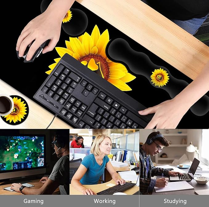 Gaming Mouse Pad Set Large Mouse Pad and Ergonomic Memory Foam Keyboard Wrist Rest Support Easy Typing Pain Relief Writing Mat Extended Office Desk Mat Sunflower Dog Paw Print Black Mouse Pad