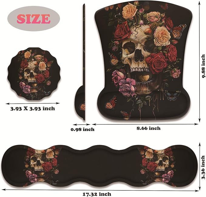 3 in 1 Keyboard Wrist Rest + Mouse Pad and Coaster Ergonomic Gel Mouse Pad and Keyboard Pad Set Comfortable Lightweight for Easy Typing Pain Relie Butterflies Roses and Skull
