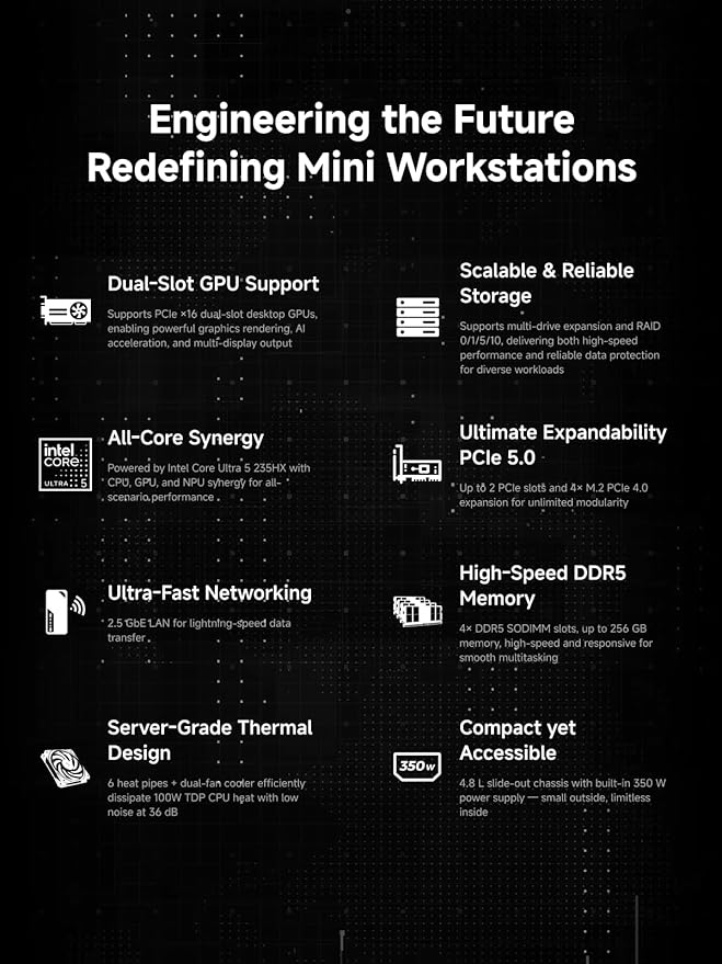 MINISFORUM MS-02 Ultra Workstation Mini PCIntel Core Ultra 5 235HX (14 cores/14 Threads up to 5.1 GHz) PCIe 5.0 x16 4× DDR5 USB4 v2 10GbE+2.5GbE (vPro) Wi-Fi 7 Barebone Without RAM/SSD