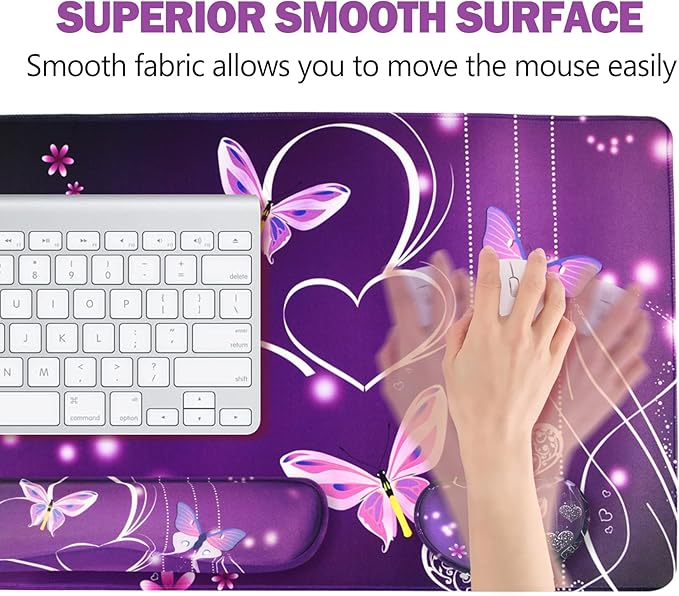 ARTSO Large Gaming Mouse Pad Keyboard Wrist Rest Pad &amp Wrist Support Mousepad Set Stitched Edge Extended Non-Slip Base Memory Foam Desk Mat for Office Home Purple Heart Butterfly