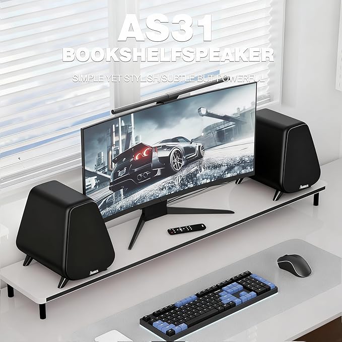 Powered Bookshelf SpeakerActive Bluetooth 5.3 – 80W RMS 2-Way Stereo / 3″ Aluminum Long-Stroke Woofer &amp 20 mm Silk Dome Tweeter RCA + Optical Inputs Sub-Out &amp Remote Wooden（AS-31Matte Black