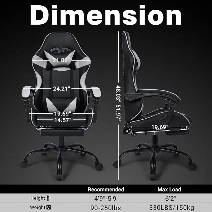 FAB&ampDeluxe Gaming Chair Ergonomic Computer Office Chair with Footrest and Lumbar Support Height Adjustable Desk Chair with 360° Swivel Seat and Headrest Grey &amp Black