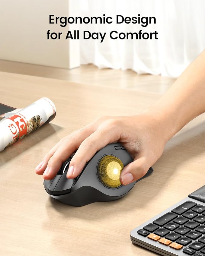 ProtoArc Wireless Trackball Mouse EM01 NL Ergonomic Bluetooth Rollerball Thumb Rechargeable Computer Laptop Mouse Adjustable Angle &amp 3 Device Connection for PC Mac Windows-Gold Ball