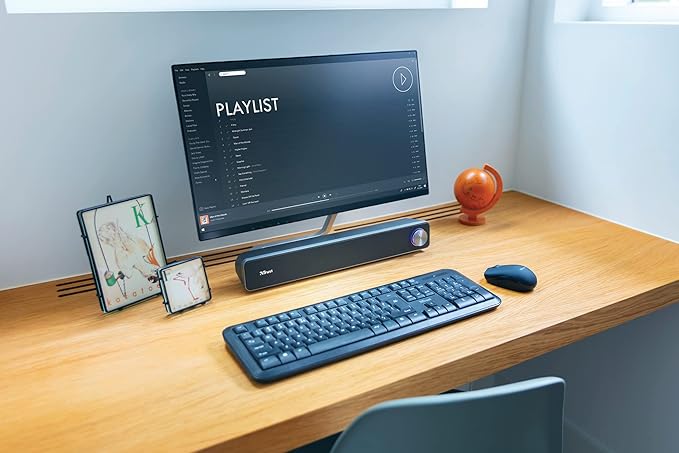 Trust Arys PC Soundbar Speaker for Computer and Laptop 12 W USB Sound System Metal Grill Illuminated Volume Control Speaker Bar for PC Laptop Mac - Black