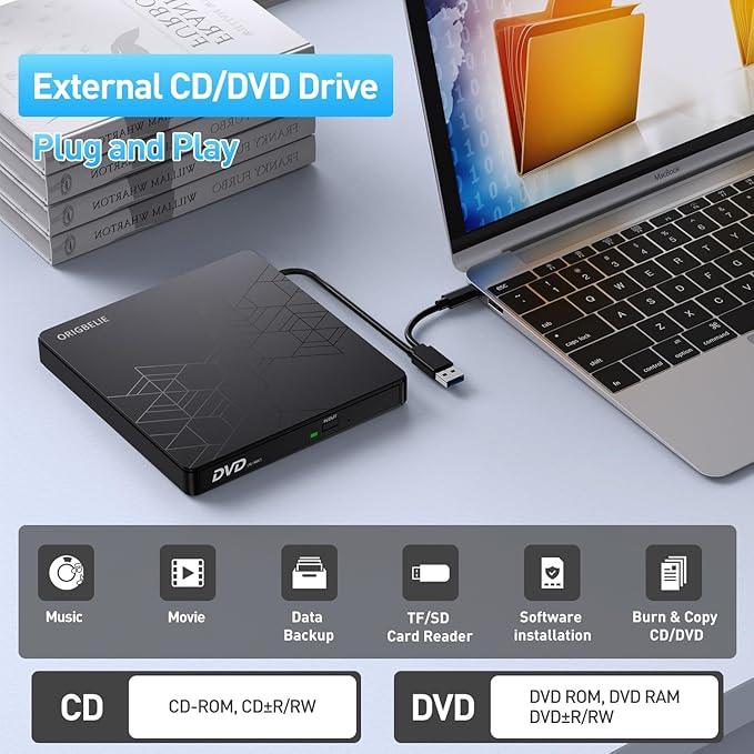 External CD DVD Drive CD Burner USB 3.0 with 2 USB Ports and 2 TF/SD Card Slots Optical Disk Drive for Laptop Mac PC Windows 11/10/8/7 Linux OS with Carrying Case