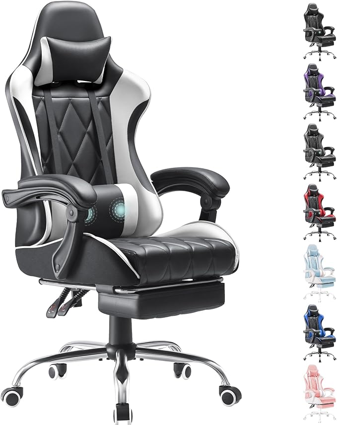 Homall Gaming Chair Computer Chair with Footrest and Massage Lumbar Support Ergonomic High Back Video Game Chair with Swivel Seat and Headrest (White)