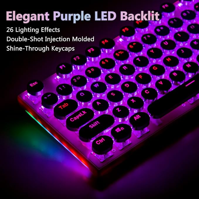 HUO JI Mechanical Gaming Keyboard Typewriter Style with RGB Side Lit and Purple LED Backlit Retro Style Blue Switches - Clicky Metal Panel Lipstick 104 Keys USB Wired for Mac PC Cute Pink