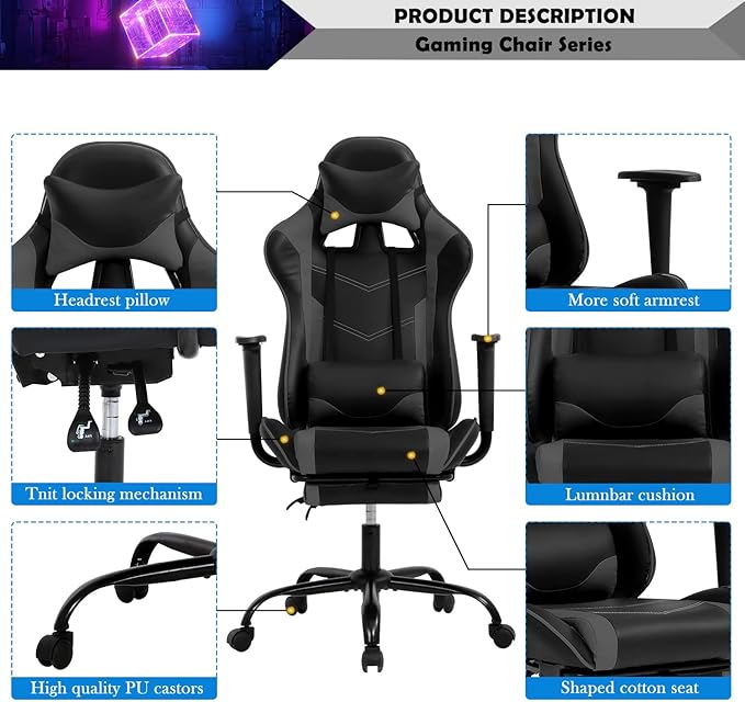 Gaming Chair for Adults with Footrest Racing Chair PC Chair Silla Gamer Chair Racing Gaming Chair Cheap Recliner Game Chair Ergonomic Desk Chair with Headrest Lumbar Support Adjustable Armrest