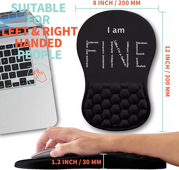 Ergonomic Mouse Pad Wrist Support with Memory Foam Massage Bulge Carpal Tunnel Pain Relief Mousepad Wrist Rest for Mouse(12x8 inch I Am Fine)