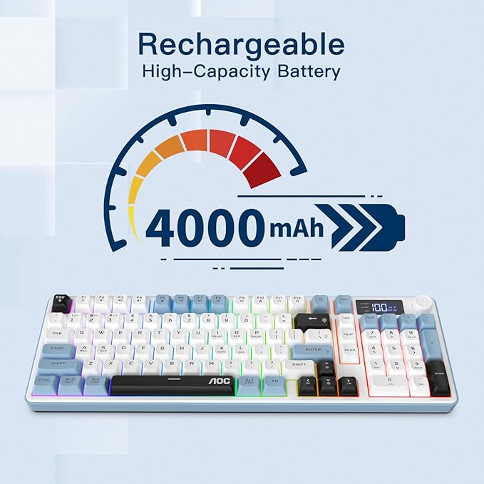 AOC GK210 Wireless Gaming Keyboard with Display &amp Knob Tri-Mode BT5.0/2.4GHz/Wired Connectivity RGB Backlit Keyboard with Number Pad 98-Key Layout 26-Key Anti-Ghosting Compatible for Mac Wind