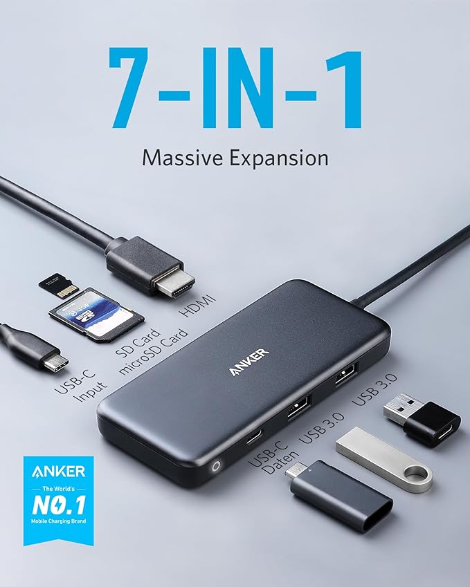 Anker USB C Hub 7in1 Multi-Port USBC Hub with 4K HDMI 85W PD USB-C and 2 USB-A 5Gbps Data Ports microSD and SD Card Reader for MacBook Air MacBook Pro XPS and More (Charger not Included)