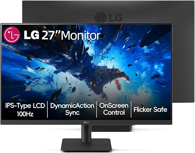 LG 27 Full HD (1920 x 1080) IPS Monitor 100Hz 5ms Dynamic Action Sync Black Stabilizer &amp Crosshair HDR10 Reader Mode/Flicker Safe HDMI OnScreen Control VESA Mount Tilt Adjustable Black