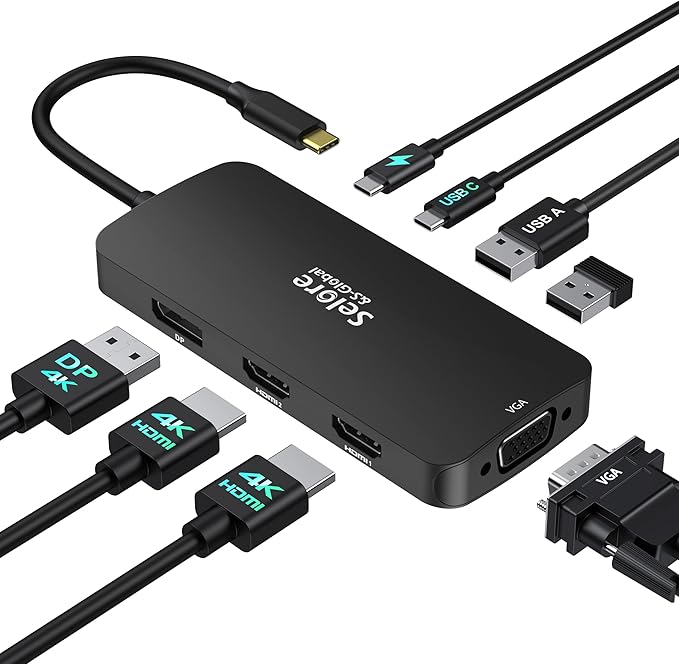 USB C Docking Station Dual HDMI Monitor Adapter Selore USB C Hub 3 Monitors with Dual HDMI Displayport VGA 100W PD Charging 3USB 2.0 Ports Adapter for Dell XPSHP Lenovoetc(Black)