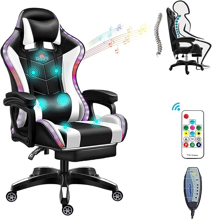 XOOFMASS RGB Gaming Chair with Massage and Footrest Large Ergonomic Computer Desk Chair Video Gaming Chair with Speakers and LED Light Effect 90°-135° Adjustable Reclining Gamer ChairWhite