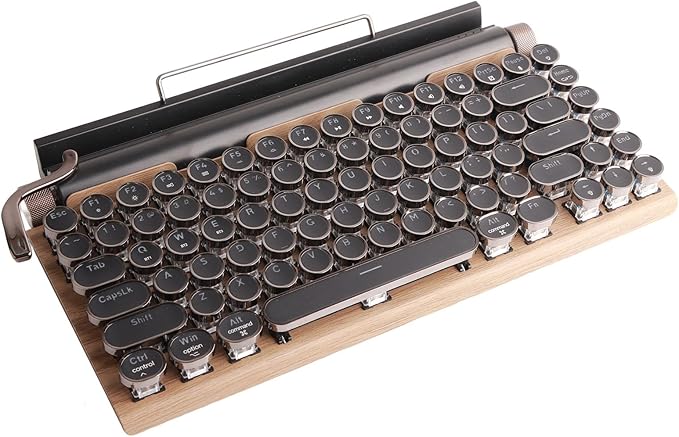 Sanpyl Retro Typewriter Keyboard 83 Keys Vintage Bluetooth Mechanical Keyboard Blue Gaming Keyboards for Desktop PC Laptop (Wood Grain Color)