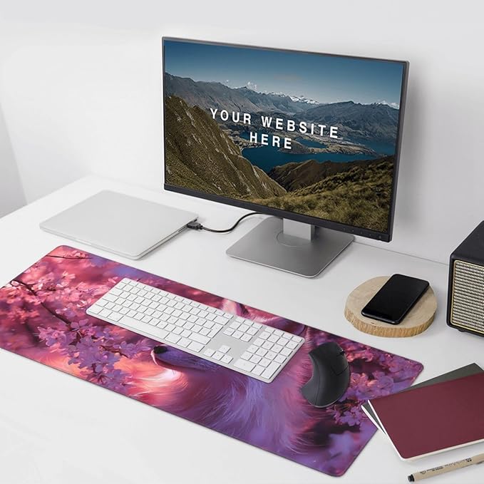 Cherry Blossom White Fox Gaming Mouse Pad Non-Slip Rubber Base 2XL Mousepad with Stitched EdgesWaterproof Washable Mouse Mat for Desk Home Office Gaming 16x35.5in