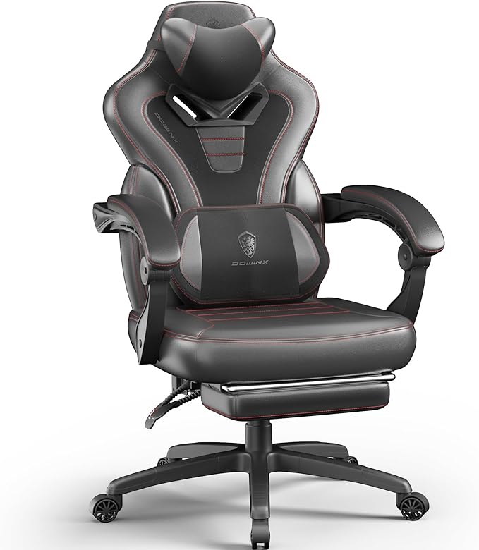 Dowinx Gaming Chair with Footrest Game Chair for Heavy People Gamer Chair for Adult with Massage Computer Gaming Chair with PU PC Game Chairs for 200lbs (Black)