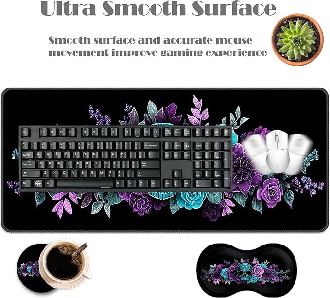 Ergonomic Keyboard Wrist Rest &amp Mouse Pad Wrist Rest SetXL Gaming Desk Mat 31.5x 11.8Non-Slip BaseMemory FoamEasy Typing Pain Relief for Office &amp HomeTeal Skull Purple Blue Flowers