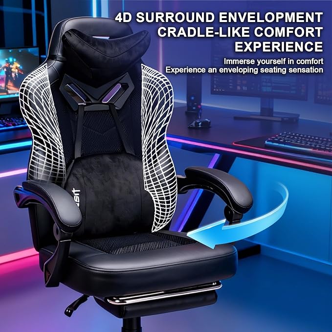Gaming Chair PRO Ergonomic Gaming Chairs for Adults Heavy People Massage Reclining Office Desk Computer Chair with Footrest and Lumbar Support Big Tall Mesh Gamer Chair with Cushion (Black)