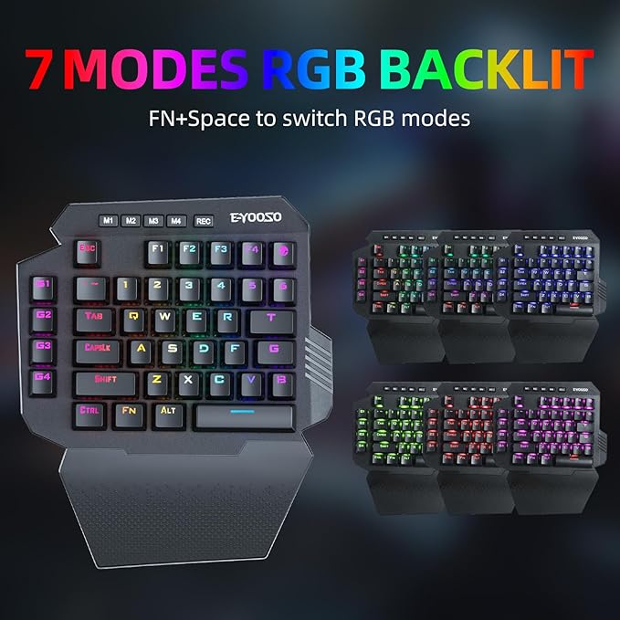 HUO JI Wireless One Handed Mechanical Gaming Keyboard 6 Onboard Macro Keys 2.4Ghz and USB-C Wired Dual Mode RGB Led Backlit Red Switch Wrist Rest Durable Battery