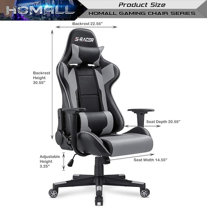 Homall Gaming Chair Office Chair High Back Computer Chair Leather Desk Chair Racing Executive Ergonomic Adjustable Swivel Task Chair with Headrest and Lumbar Support (Grey)