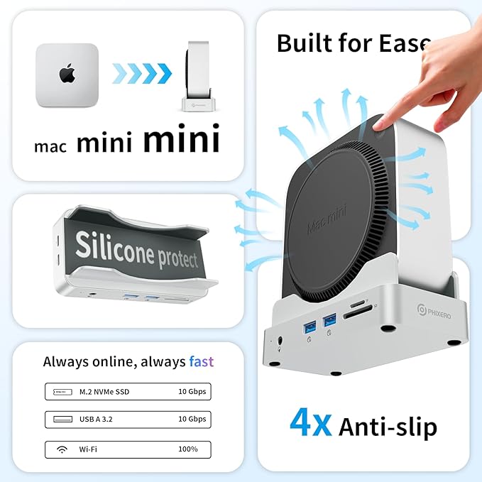 PHIXERO PSE Dock Stand for Mac mini M4 with 1TB NVMe SSD 6-in-1 Aluminum Hub 10Gbps USB-A SD/TF Reader Stand Docking Station for Mac mini M4/M4 Pro