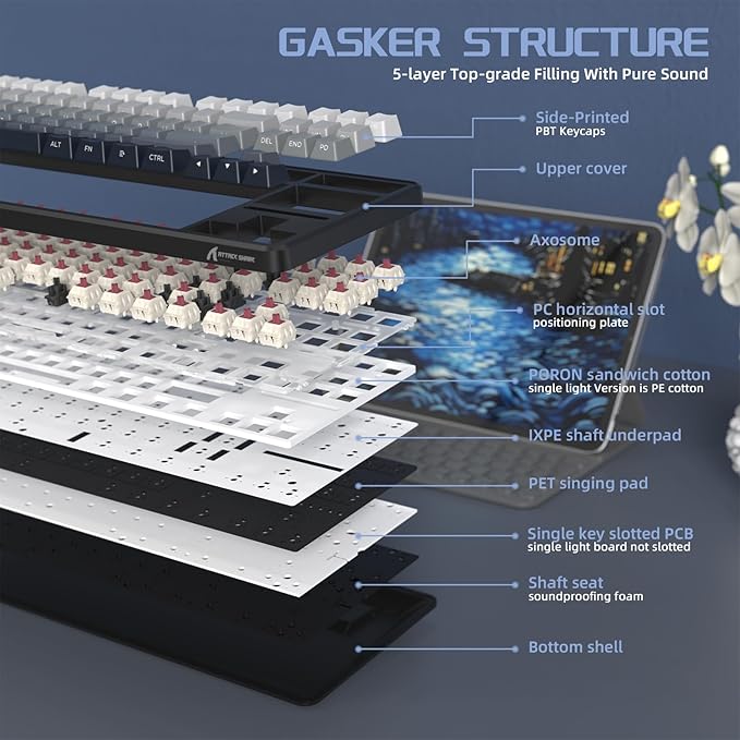 ATTACK SHARK X87 Wireless Tri-Mode Mechanical Gaming Keyboard - Hot Swappable RGB Gasket Mount Pre-Lubed Linear Switches Side-Printed PBT Keycaps (TKL 87-Key Grey Black)