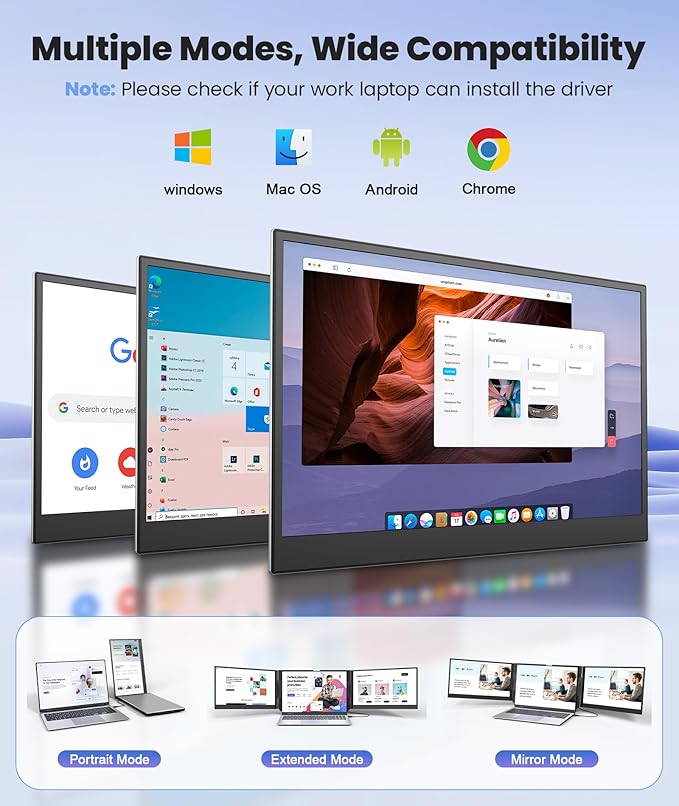 One Cable Laptop Screen Extender 15.6” Ultra-Slim Triple Portable Monitor 1080P FHD IPS Display USB-C/USB-A Connection Travel Monitor for 13–17.3 Laptops MacOS/Windows/Android