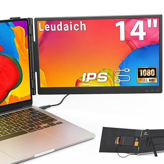 14'' Laptop Screen Extender FHD 1080P IPS Dual Screen Travel Monitor Extender with HDMI/USB-A/Type-C Plug-Play for Display on Mac and Windows Fits 13''-16'' Laptops