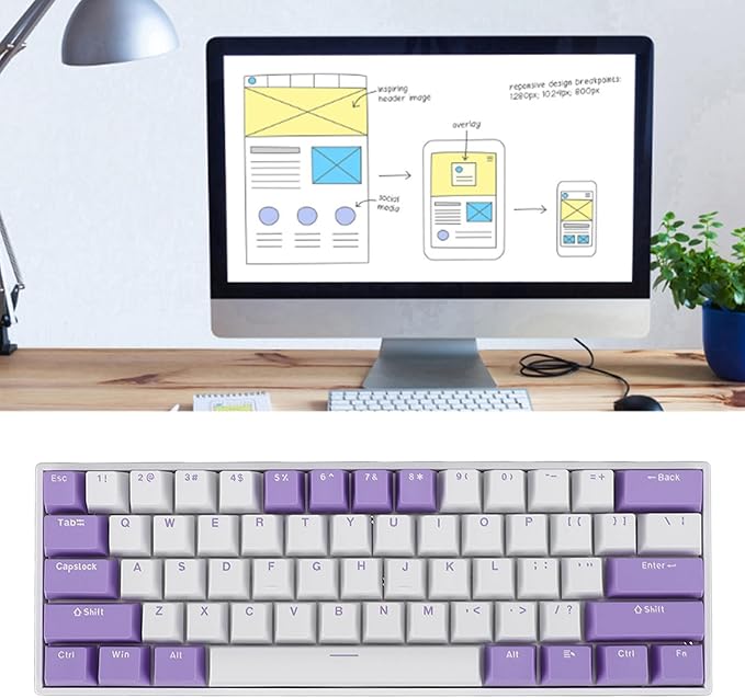 USB C Wired Gaming Keyboard 60% 61 Keys Compact Mechanical Keyboard Red Switch Dynamic RGB Backlighting Ergonomic Design Gaming Keyboard for PC Laptop