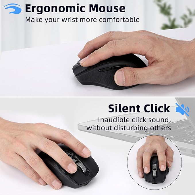 Wireless Mouse with Bluetooth USB-A USB-C Receiver Rechargeable Full-Size Mouse Silent Ergonomic for MacBook/Laptop/Computer/PC/iPad-Black