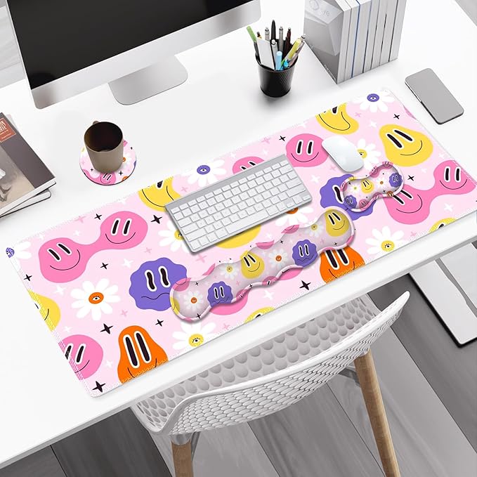 Gaming Mouse Pad Keyboard Wrist Support 4 in1 Mousepad with Wrist Keyboard Rest Computer Desk Mat Non-Slip Desk Pad Protector with Memory Foam Easy Typing Pain Relief I Cute Hippie Smiley