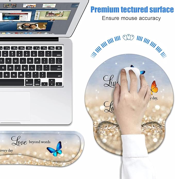 Keyboard Wrist Rest + Mouse Pad Wrist Support Set with Coasters Non-Slip PU Base Ergonomic Mousepad for Home Office Working Studying Easy Typing &amp Pain Relief Glitter Quote Live Laugh Love