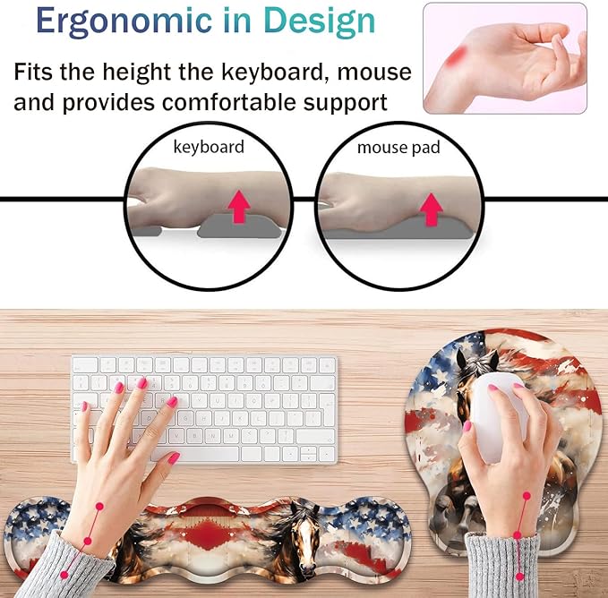Ergonomic Keyboard Wrist Support Pad and Wrist Support Mouse Pad Anti-Slip with Gel Memory Mouse Pad Set Suitable for Office Use/Home Use - American Flag and Horse