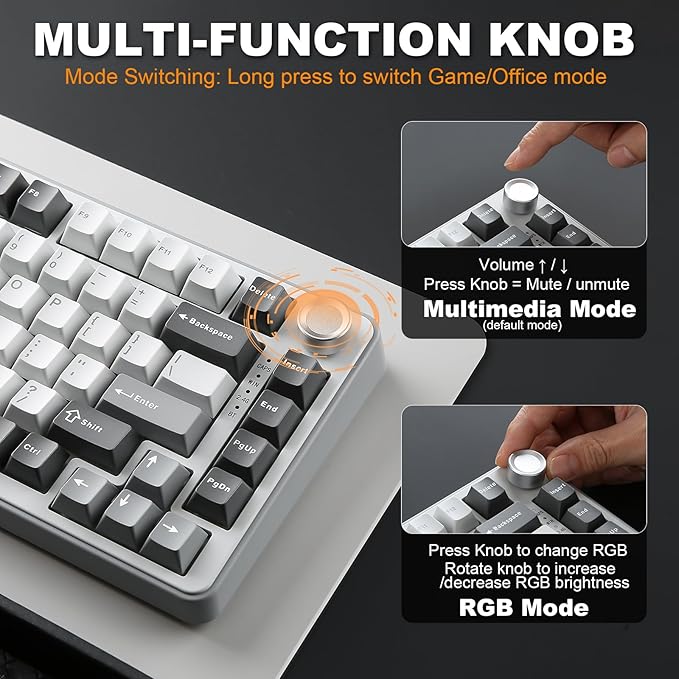 YUNZII B75 PRO Wireless Mechanical Keyboard75% Layout with KnobHot Swap Gasket Custom StructureCreamy Pre-lubed SwitchesRGB BacklitBluetooth/Type-C/2.4G for Win/Mac(Cocoa Cream V2 SwitchGrey)