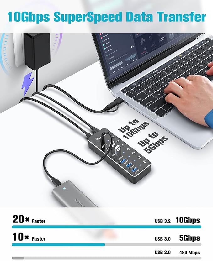 Powered USB Hub ikuai 7-Port USB 3.2 / USB C Hub with 3 10Gbps Data Ports (2 USB-C + 1 USB-A) and 4 USB A 3.0 Ports for PC Laptops