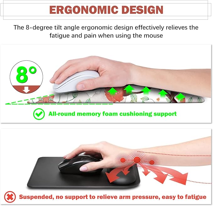 AIMSA Ergonomic Mouse Pad Wrist Rest Support Thick Mousepad Upgraded Memory Foam Pain Relief and Non-Slip PU Base for Home Office Butterfly Flower