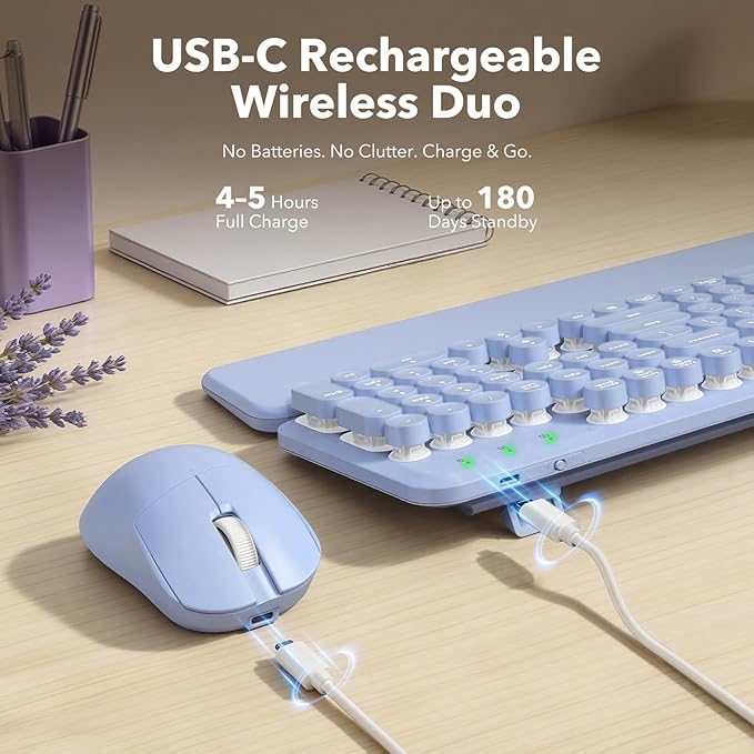 Wireless Keyboard and Mouse Combo Backlit Round Keycaps Retro Typewriter Keyboard with Detachable Wrist Rest Rechargeable &amp Tilt Legs 2.4GHz Cordless Connection for Windows/PC (Glowing Purple)