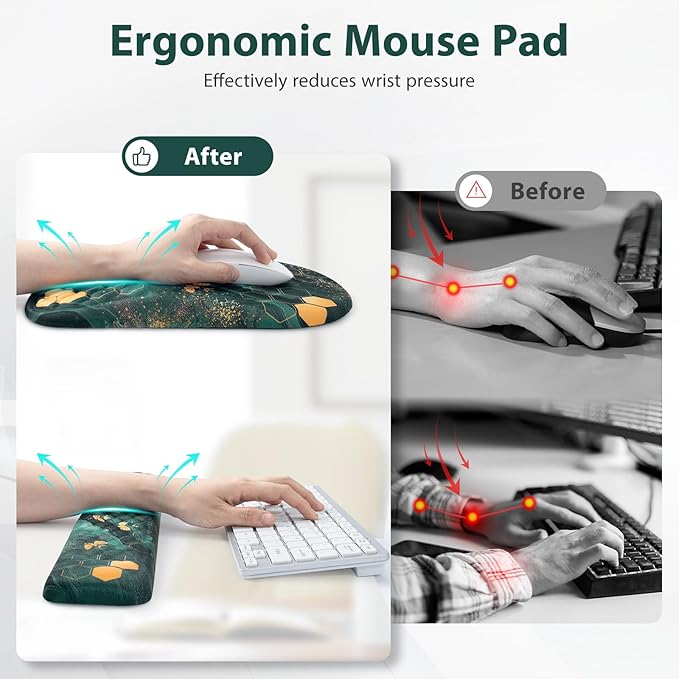 EYROZILL 3 in 1 Ergonomic Mousepad and Keyboard Wrist Rest Mouse Pad with Wrist Support Massage Design Keyboard Wrist Rest and Mouse Pad Set for Home Office (Green Bee)