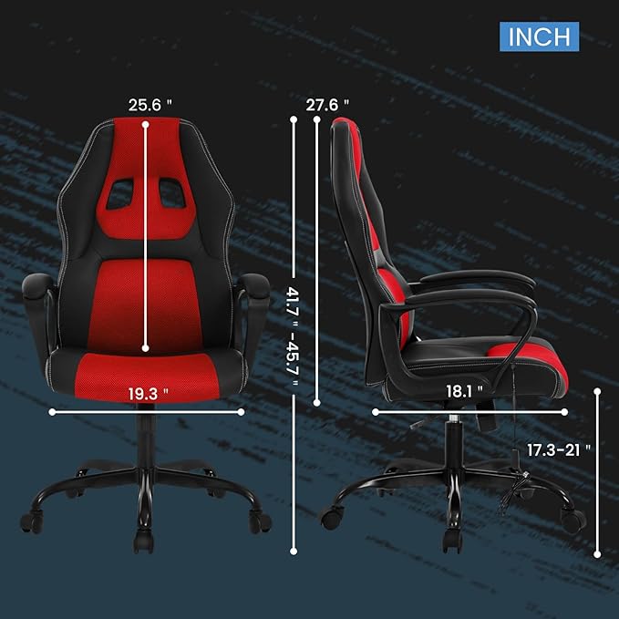 High-Back Racing Gaming Chair with Massage Lumbar Support - Ergonomic Adjustable Swivel - Black PU Leather - Perfect for Home Office or Gaming (Red)