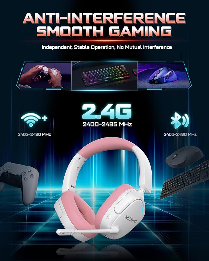 NUBWO Wireless Gaming Headset for PS5 PC PS4 - Dual 2.4G &amp Bluetooth Simultaneous Gaming Headphones EQ Sound Modes Noise-Canceling Mic 80-Hour Battery Comfortable Foldable &amp Travel Desig