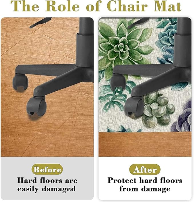 Green PU Leather Chair Mat for Hardwood Floor Anti-Slip Floor Protector Cute Succulents Flower Desert for Home/Office Rolling Chair and Computer Desk Hot Plant Artwork Diameter 55 in