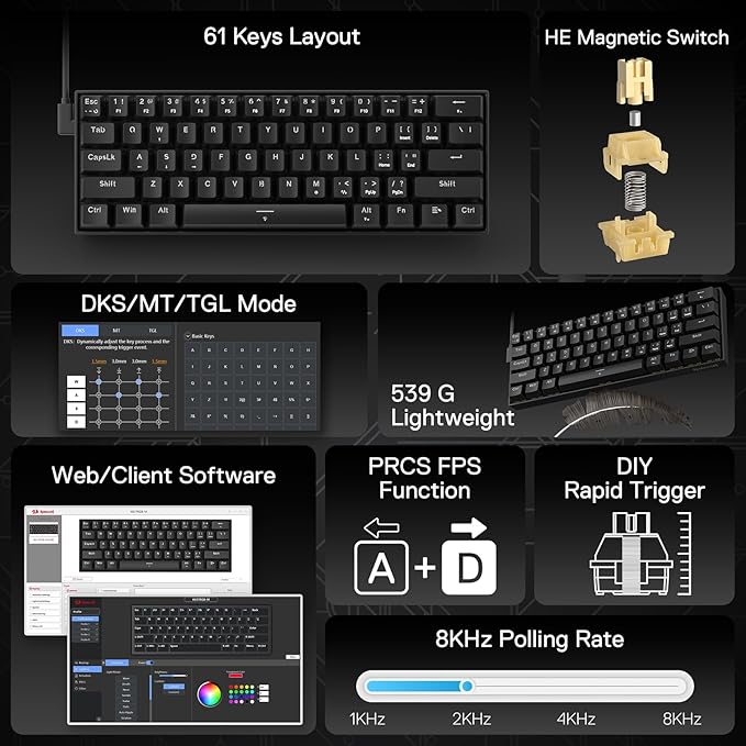 Redragon K617 HE Rapid Trigger Gaming Keyboard 60% 61 Keys Wired Mechanical Keyboard w/Hyper-Fast Actuation Dedicated Hall Effect Magnetic Switch Actuation Point Adjustable Essential Black