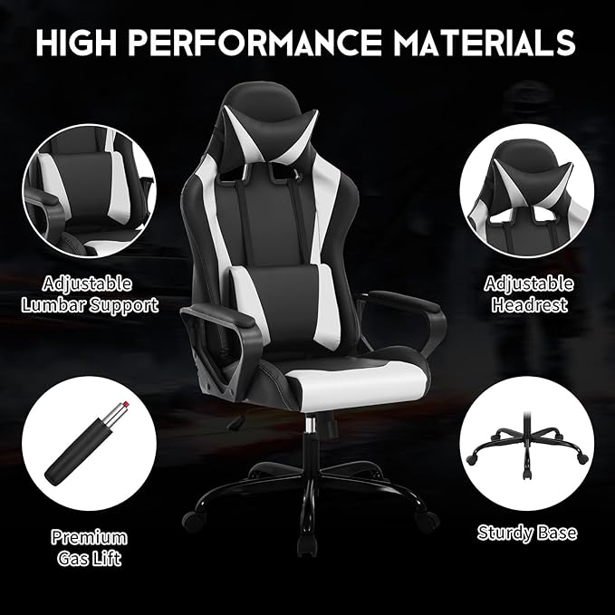 Ergonomic Gaming Chair Home Office Desk Chair with Headrest and Lumbar Support for Adults Height Adjustable Computer Chairs Pu Leather 360° Swivel High-Back White