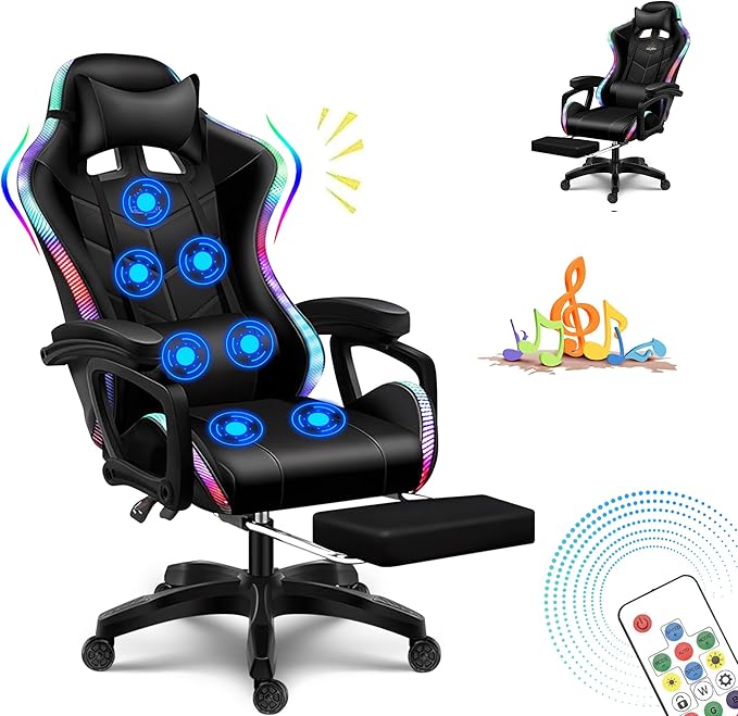 TBQATNTS X Rocker Gaming Chair Gaming Chair with RGB Lighting and Speakers Ergonomic Gaming Chair with footrest and 7-Point Massage Function 150° tiltable Office Chair Gaming Chair for AdultsBlack