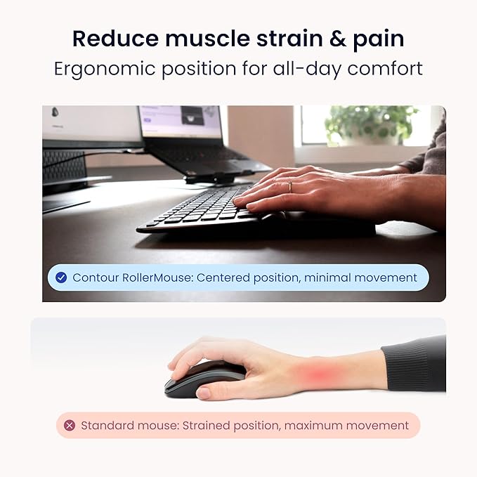 Contour RollerMouse Pro Ergonomic Central Rollerbar Design for Neck Shoulder &amp Wrist Pain Relief 6 Programmable Buttons 600-2800 DPI Productivity Plug &amp Play Mac &amp PC - Wireless - Slim