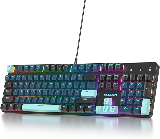 surmen Full Size Creamy Keyboard with Number Pad 104 Keys RGB Wired Mechanical Gaming Keyboard Backlit with PBT Keycaps Linear Red Switch for Laptop Desktop PC Gamers（104 Monster）
