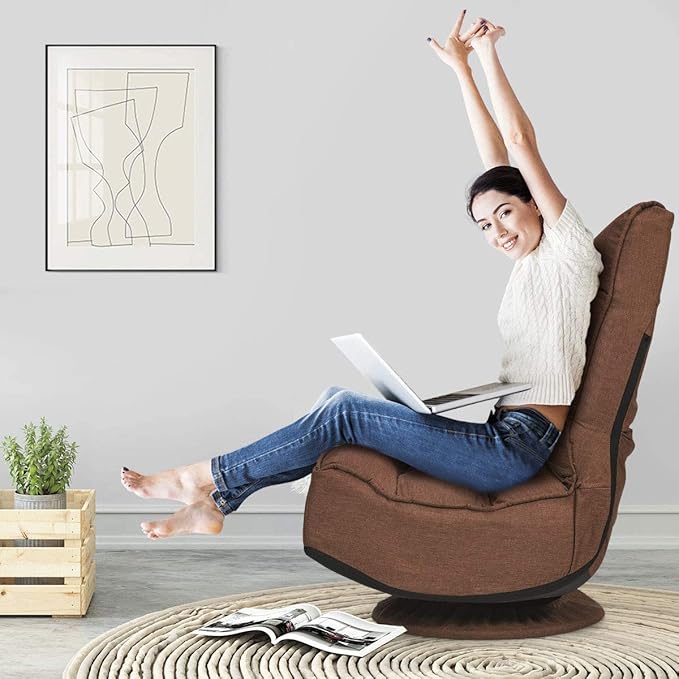 LDAILY Floor Gaming Chairs 360 Degree Swivel Recliner with 5 Adjustable Positions Comfortable Padded Lazy Sofa Foldable Gaming Chair for TV Watching Reading (Coffee)