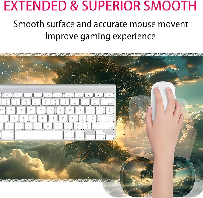 Large Gaming Mouse Pad + Mouse Wrist Rest Pad + Coaster Combination 31.5 x 11.8 Durable Non-Slip Extension Table Mat Suitable for Office and Home Cloud Tree